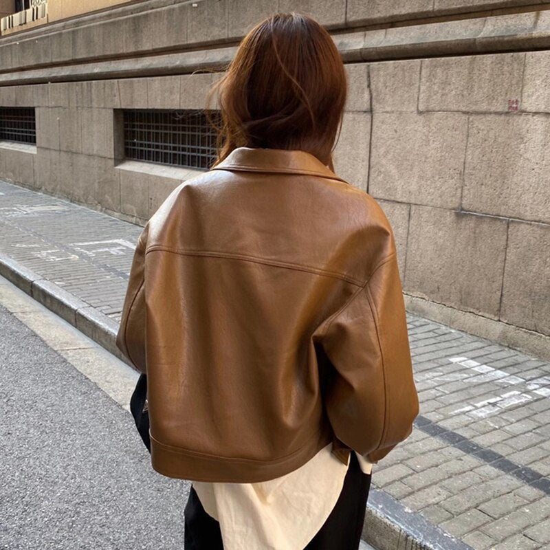 Drune | Braune Lederjacke - Verkürzter Stil mit Hemdkragen