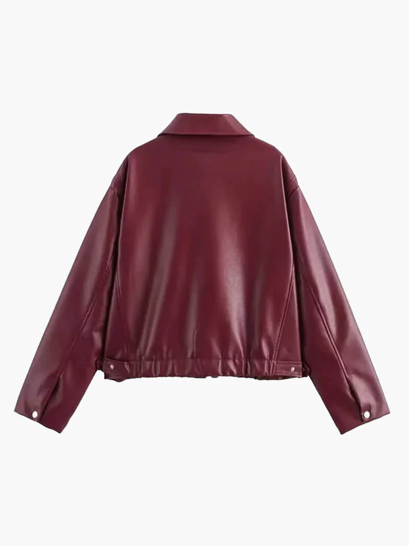 Drune | Bordeauxrote Leder-Damenjacke mit Reißverschluss