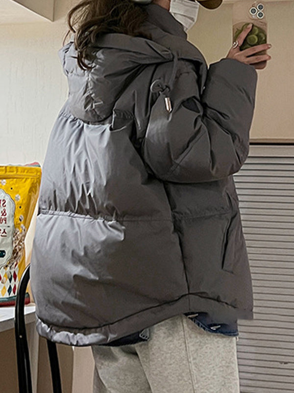 Drune | Graue einfarbige Herzverzierte Kapuzenpufferjacke