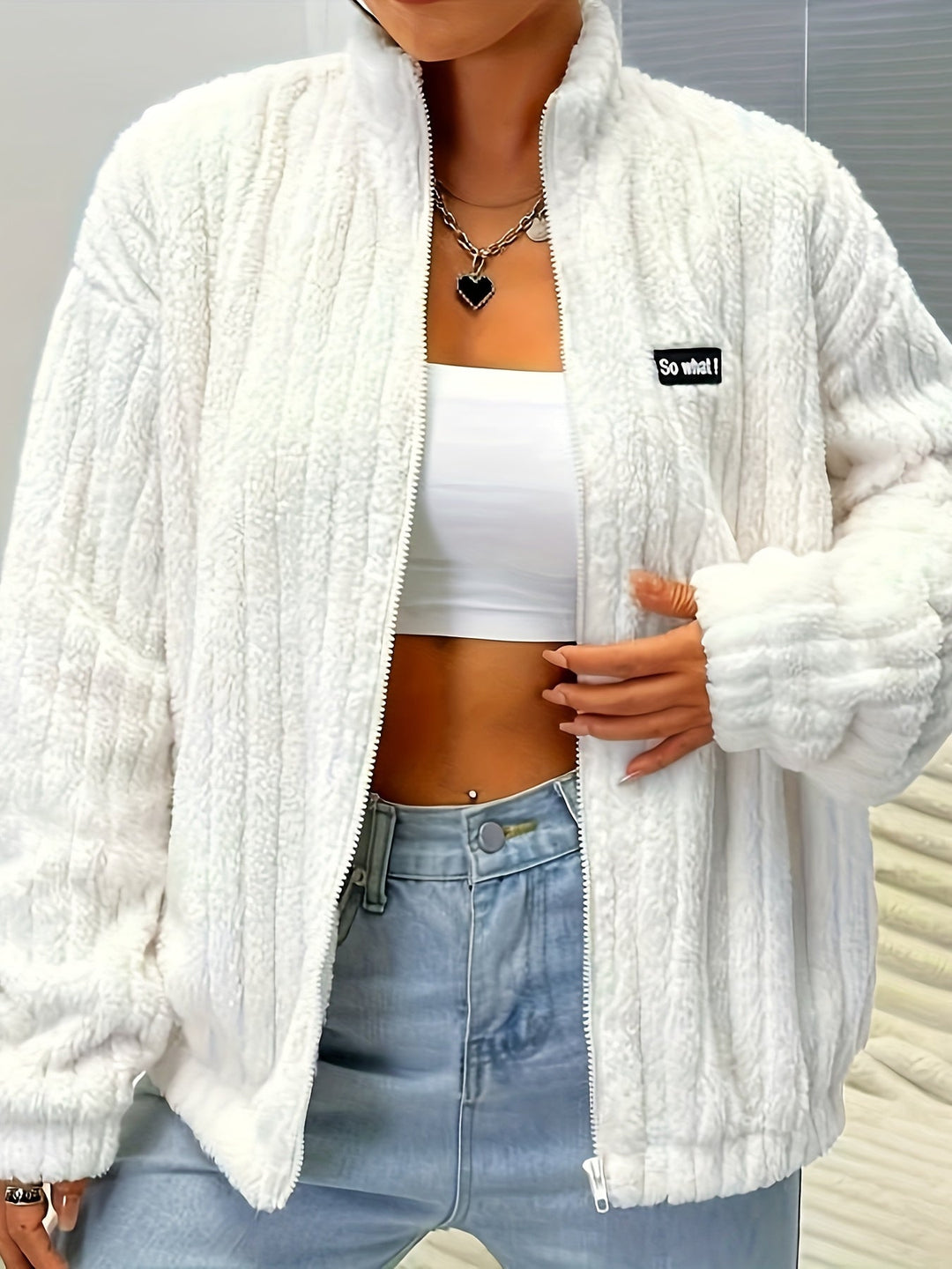 Drune | Plüsch Zip-up Jacke mit Text-patch Polyester Weich und Warm