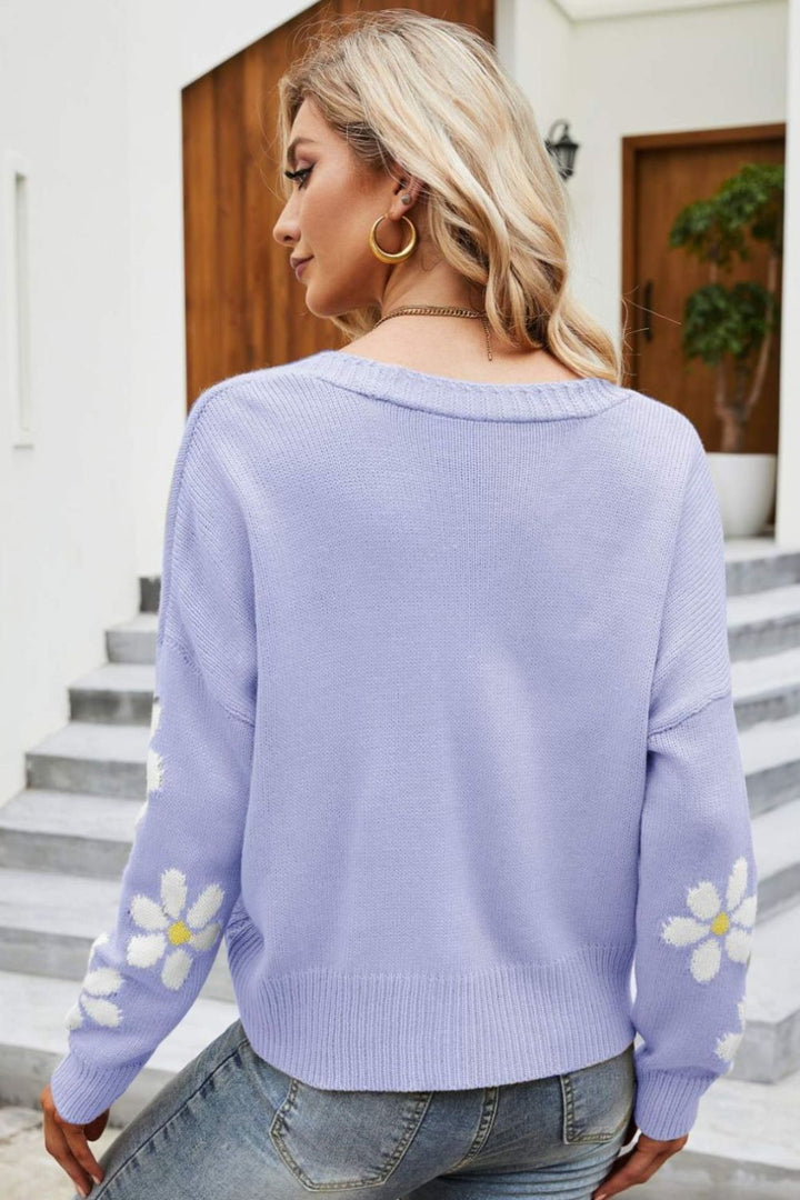 Drune | Floral Ribbed Trim Drop Shoulder Cardigan