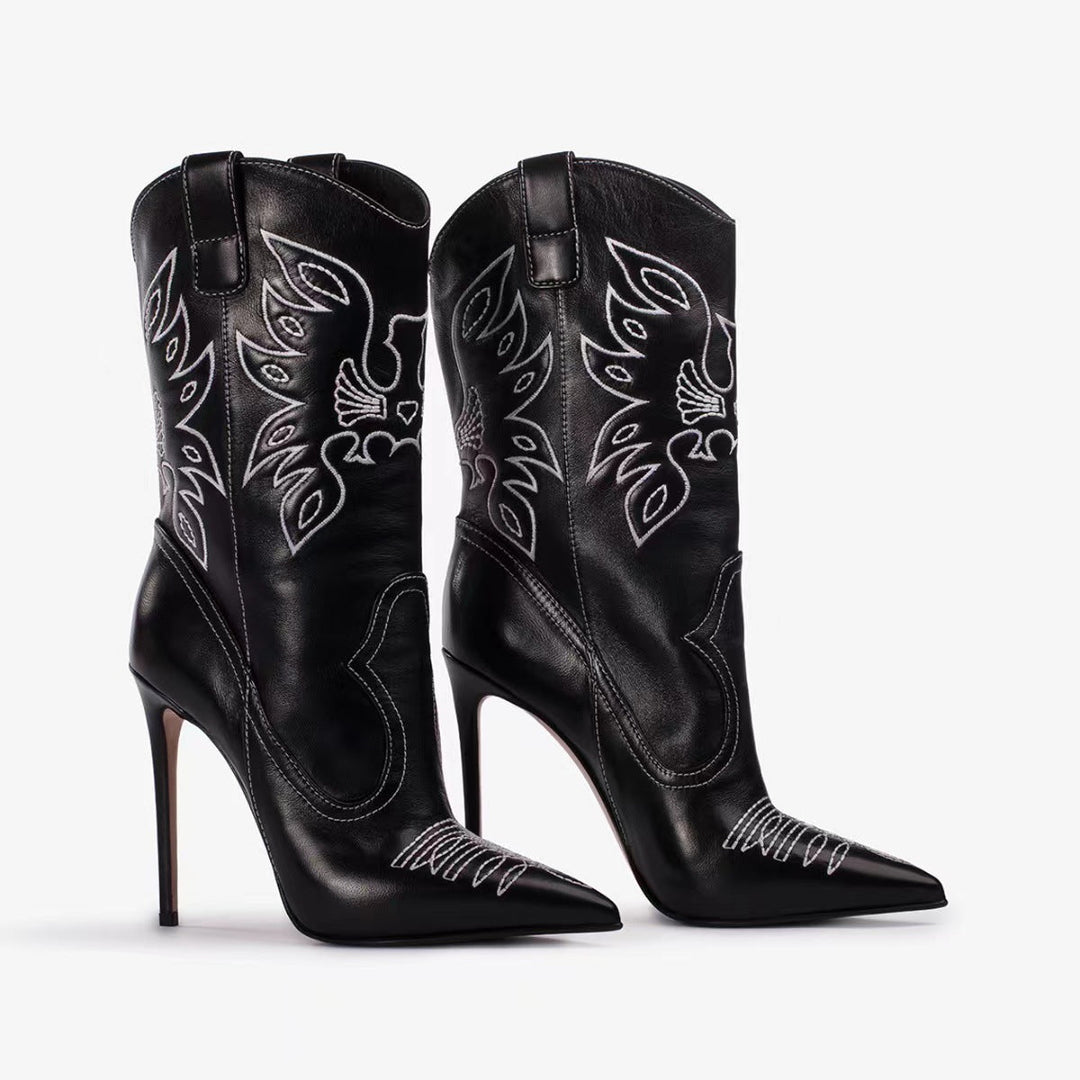 Drune | Damenmode Western Denim Stil High Heels Stiefel