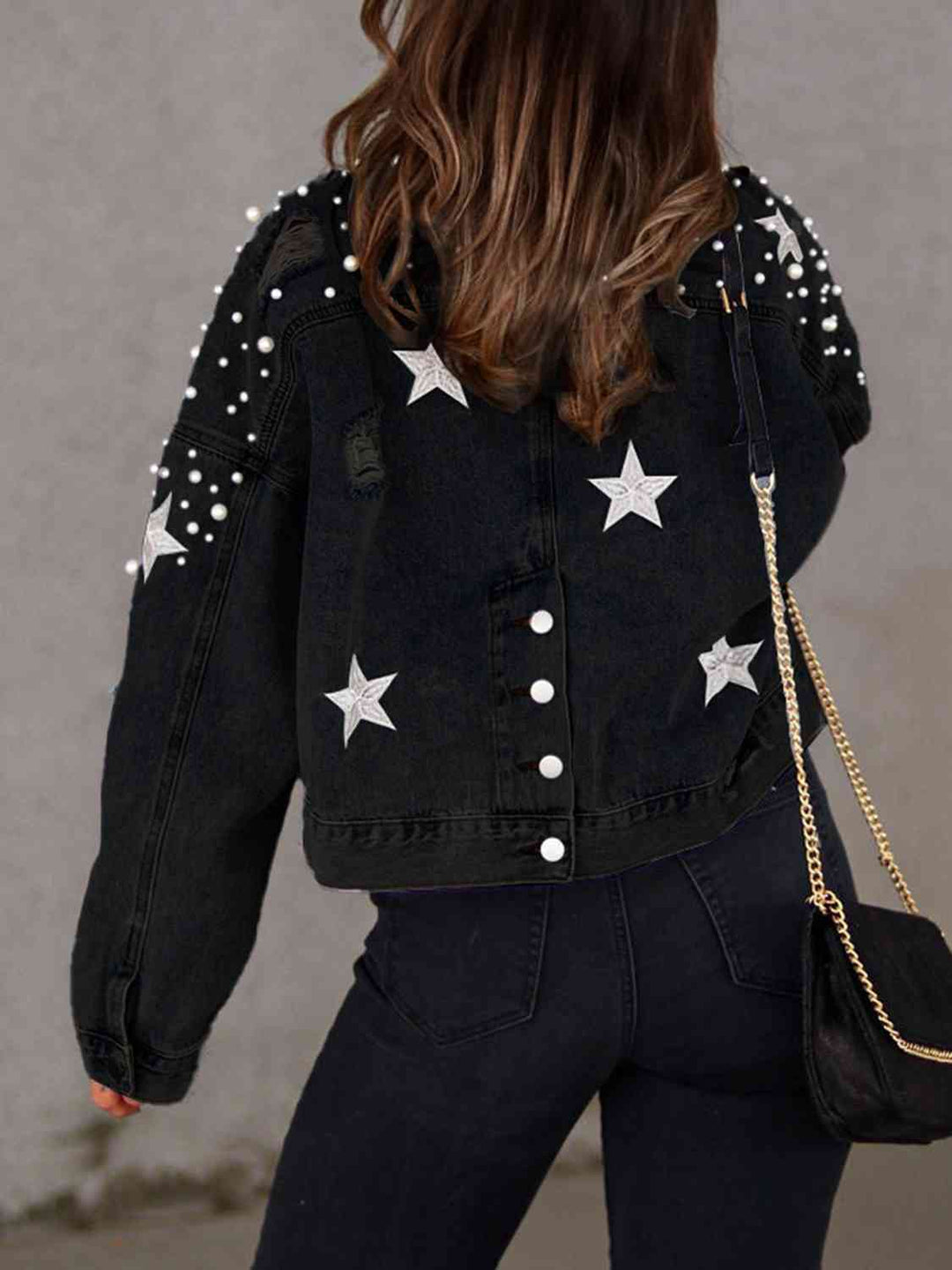 Drune | Perlenbesatz Knopf-Down Denimjacke mit Taschen
