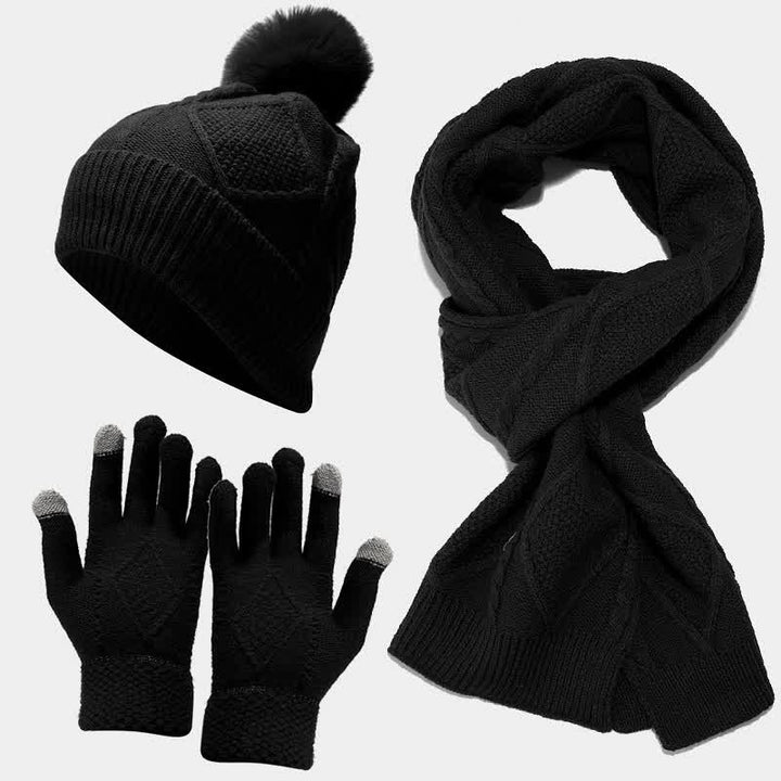 Drune | 3-teiliges gestricktes Accessoire-Set - stylische Damenmütze, Schal und Handschuhe