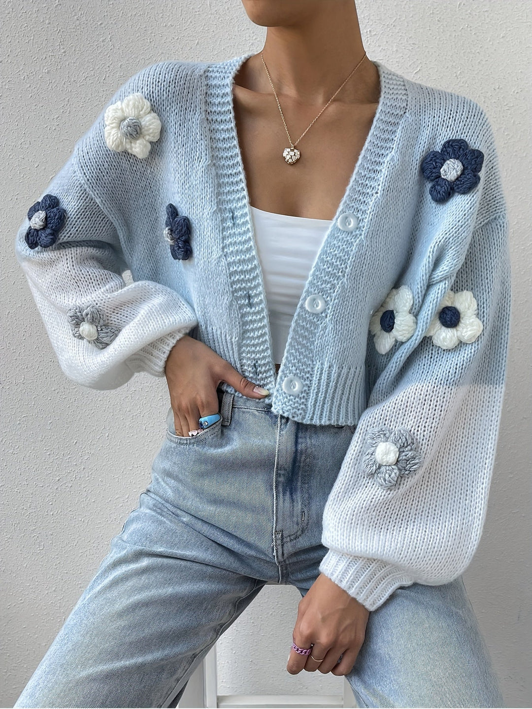 Drune | stilvoller blumenverzierter warmer Baumwollstrickwaren-Cardigan für Damen - Perfekt für den Alltag