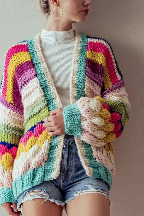 Drune | Gestreifter Grobstrick-Cardigan-Jacke
