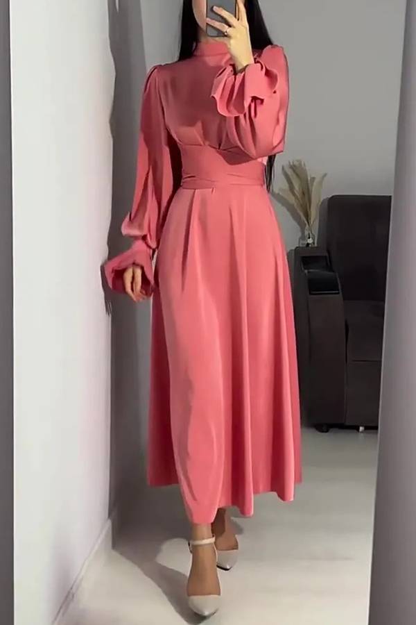 Drune | Einfarbiger Rüschensleeve Taillierter Krawatten Slim Fit Maxikleid
