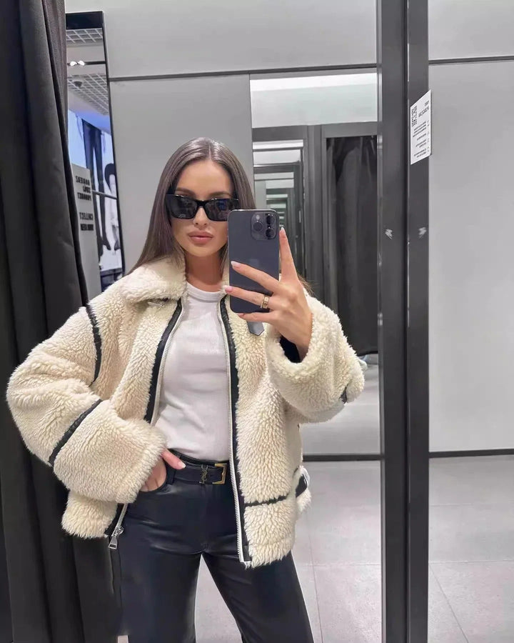 Drune | Übergröße Teddyjacke Kontrastbesatz Hohe Hals Jacke