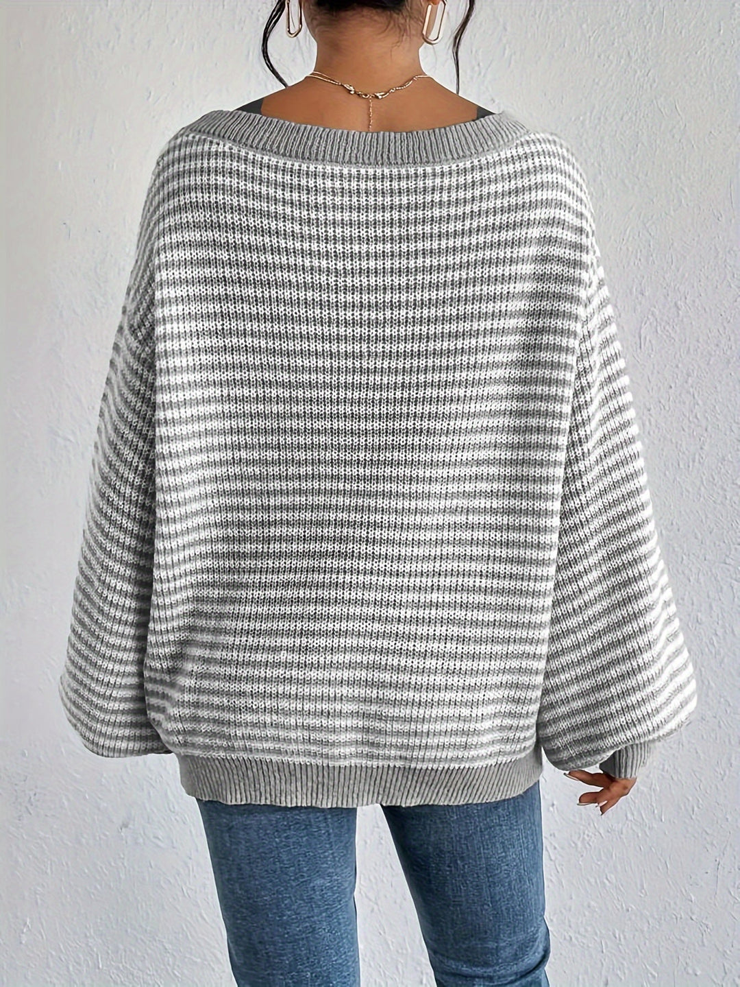 Drune |  Schulterfreier Baumwollpullover mit Streifen, elastischem Stoff und Rundhalsausschnitt Pullover Damen - Ideal für Frühling