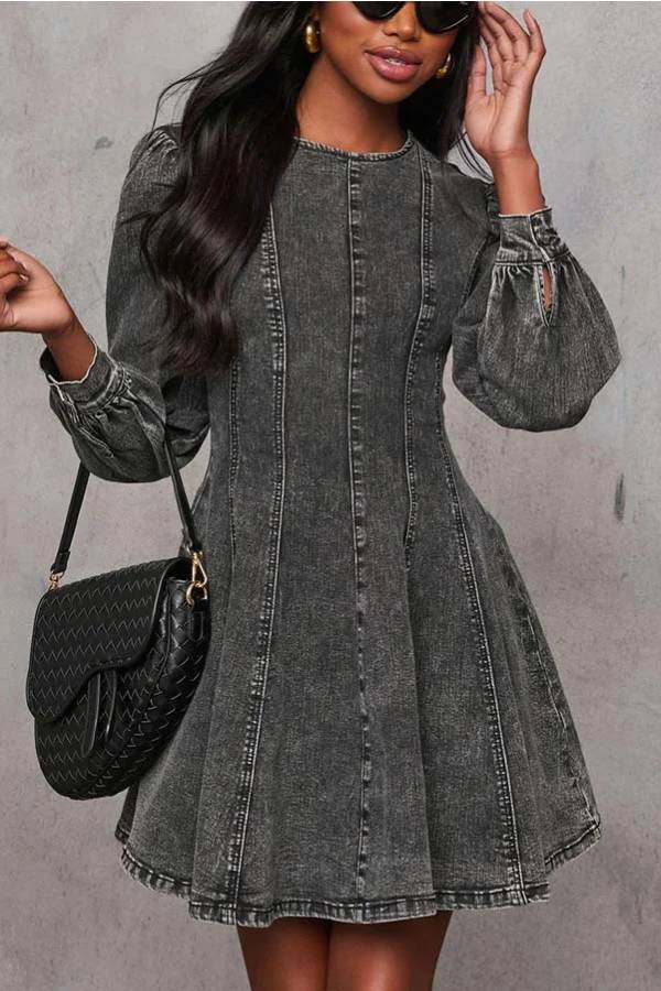 Drune | Fade Into You Denim Prinzessinnenlinie Rückenreißverschluss Flare Stretch Mini Kleid