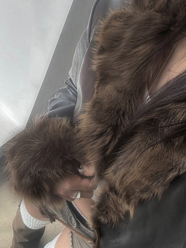 Drune | American Style Pelzkragen Patchwork Lederjacke
