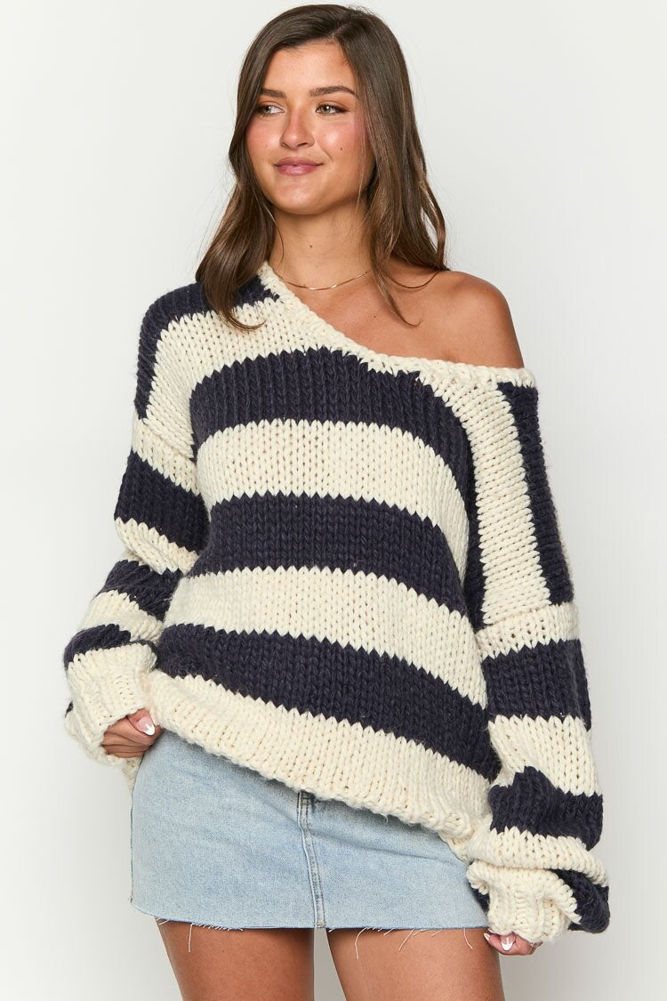 Drune | Cozy off-the-shoulder striped knit sweater for autumn layers