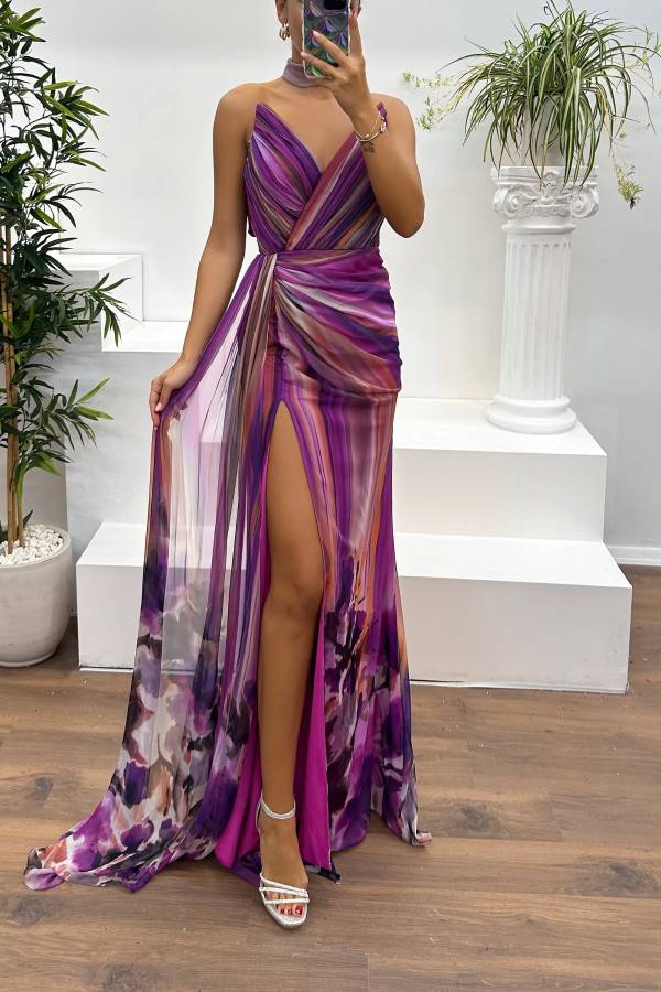 Drune | In A Dreamland Chiffon Floral Print Off Shoulder Pleated Scarf Slit Maxi Kleid