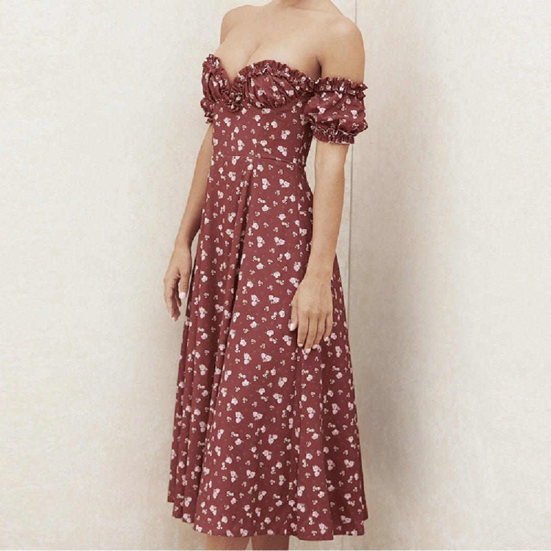 Drune | Geschlitztes Blumenkleid schulterfreies Röhrentop-Kleid