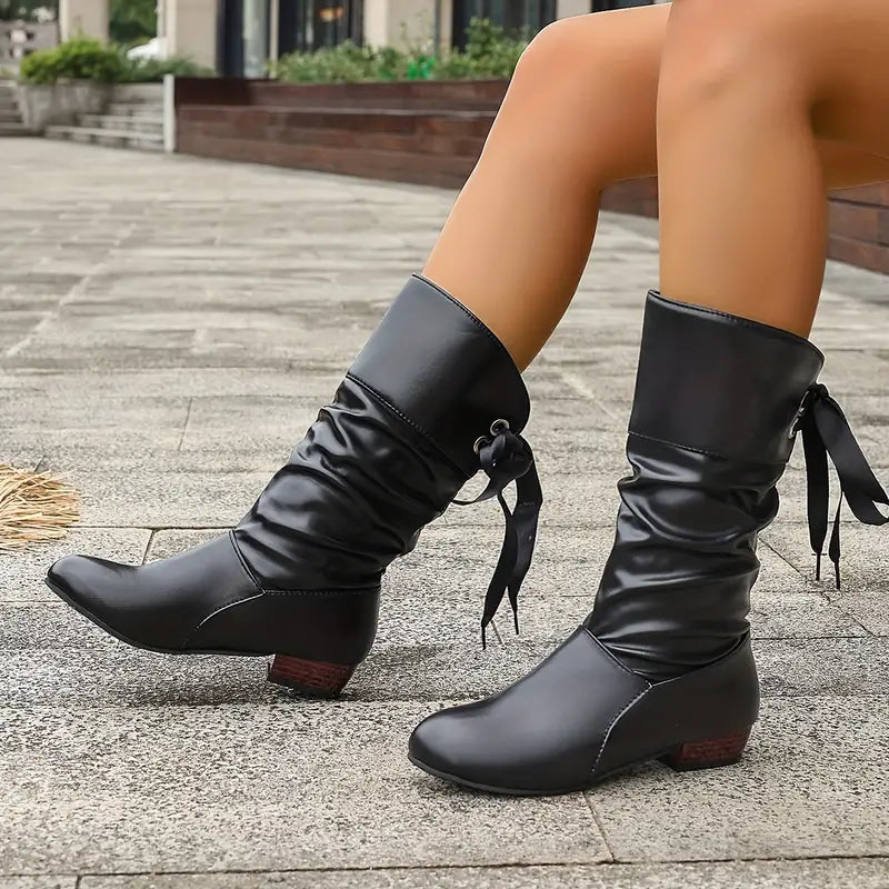 Drune | Trendy Damenstiefel mit Schnürung und Blockabsatz bis zur Wade