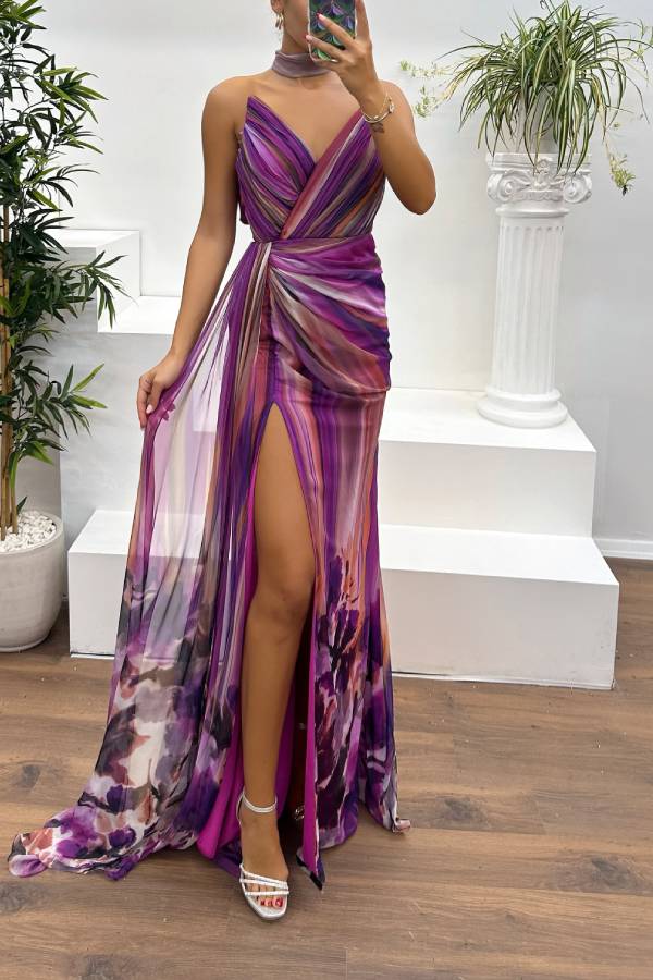 Drune | In A Dreamland Chiffon Floral Print Off Shoulder Pleated Scarf Slit Maxi Kleid