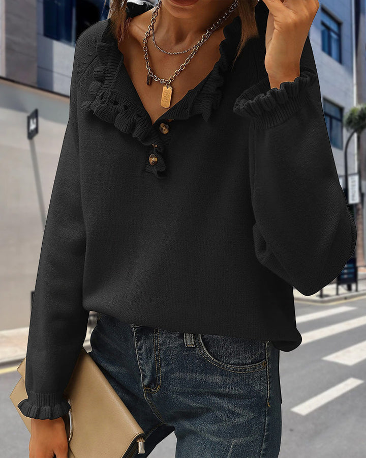 Drune | Lässiger Einfarbiger Pullover mit Reversknopf und Rüschen