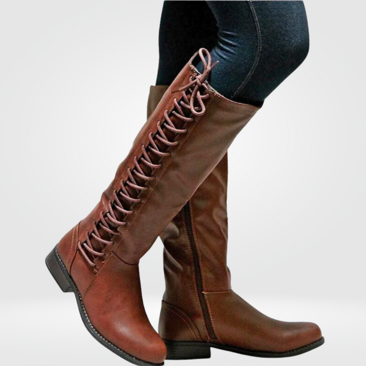 Drune | Damenstiefel mit Lederoptik, Blockabsatz, Reißverschluss und Schnürung