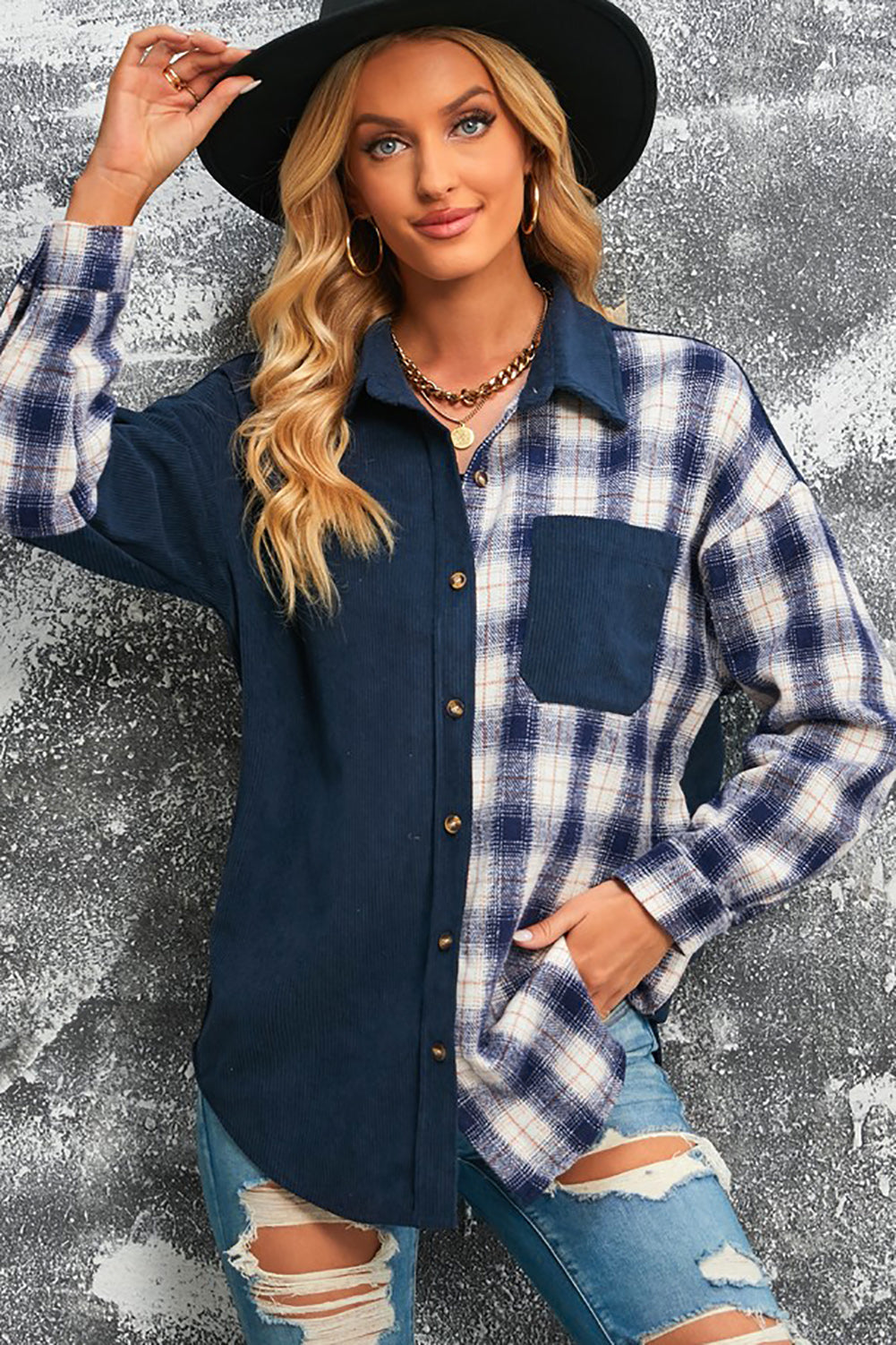 Drune | Karierte Farbblock Gefallen Schulter Corduroy Shacket