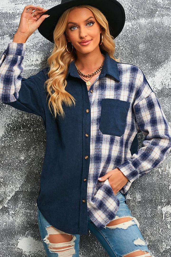 Drune | Karierte Farbblock Gefallen Schulter Corduroy Shacket