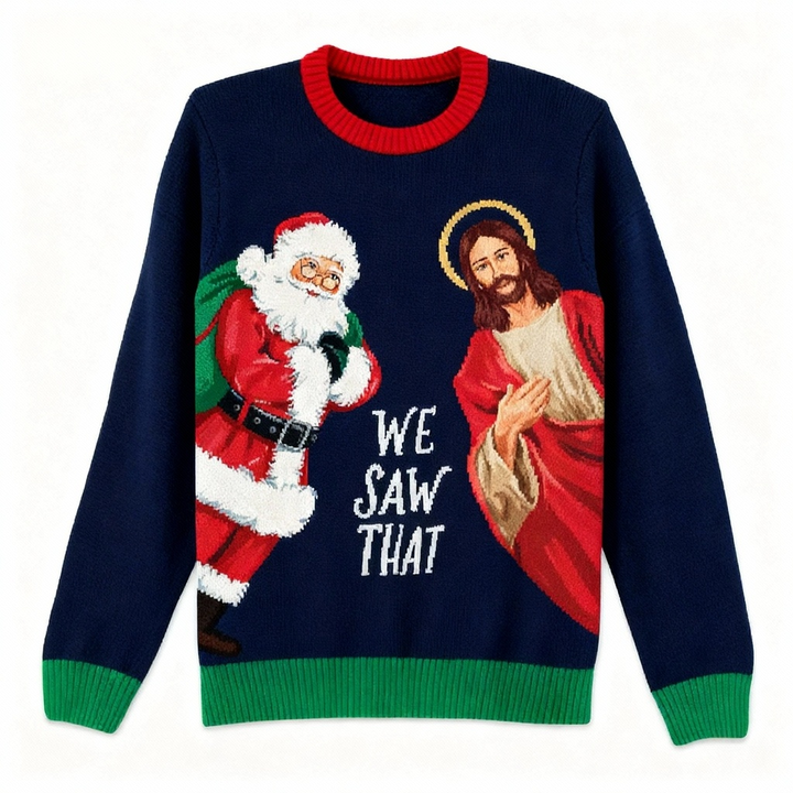 Drune | Santa & Jesus Druck Feiertag Pullover - Absichtliches Festliches Eigenart