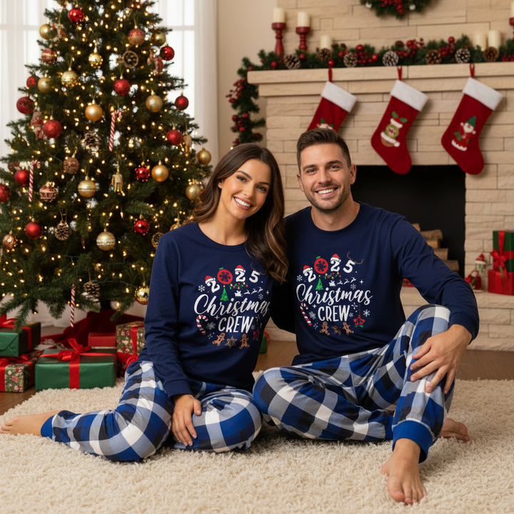 Drune | Paar passende Pyjamas mit dem Text "2025 Christmas Crew" und einem Weihnachtmuster gedruckt