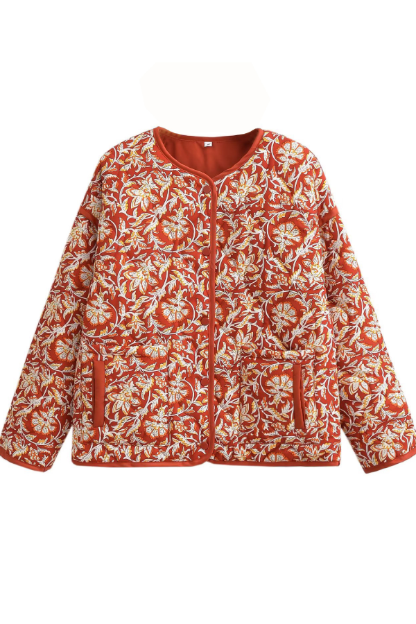 Drune | Hals Floral Print Lockere Gequiltete Baumwolljacke