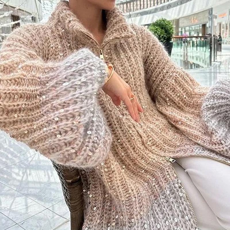 Drune | Strickjacke mit Pailletten - Eleganter Glanz & Leichtes Gewebe - Einfarbig Cardigan für Alltag & besondere Anlässe