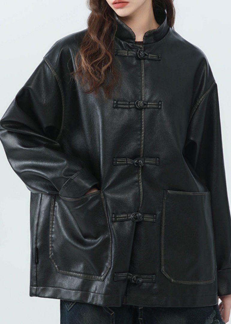 Drune | Stehkragen PU Lederjacke