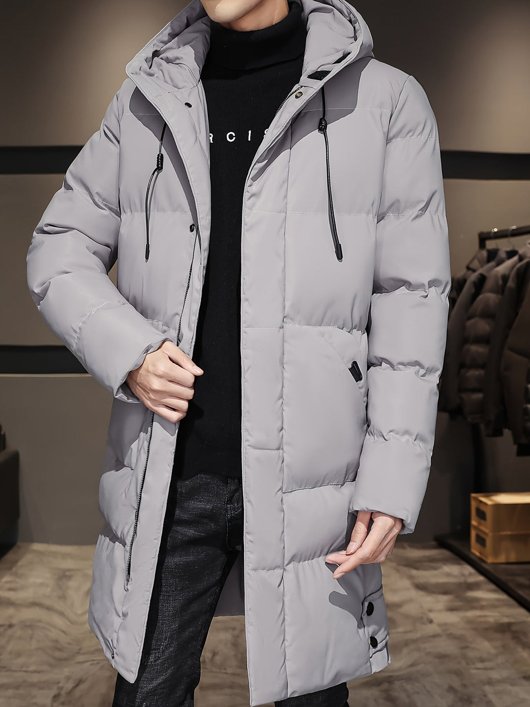 Drune |  Schwarze Gepolsterte Lange Jacke Mit Kapuze Baumwoll Winterjacke Für Herren - Perfekt für Outdoor Aktivitäten