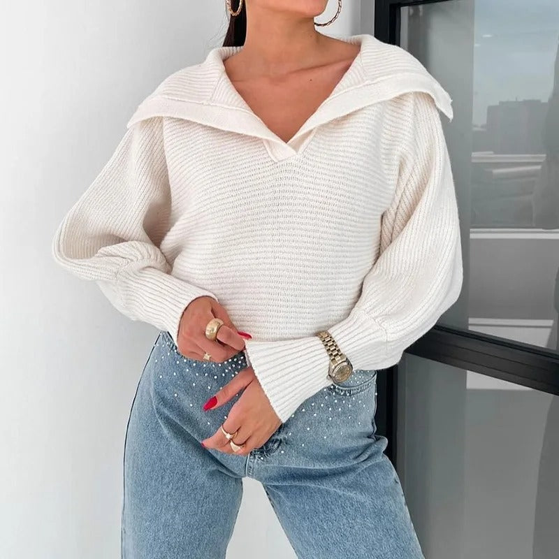 Drune | Cozy knitted sweater with lantern sleeves and open collar