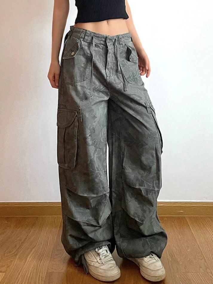 Drune | Camo Print Raffung Multitaschen Bundfuß Cargo Jeans