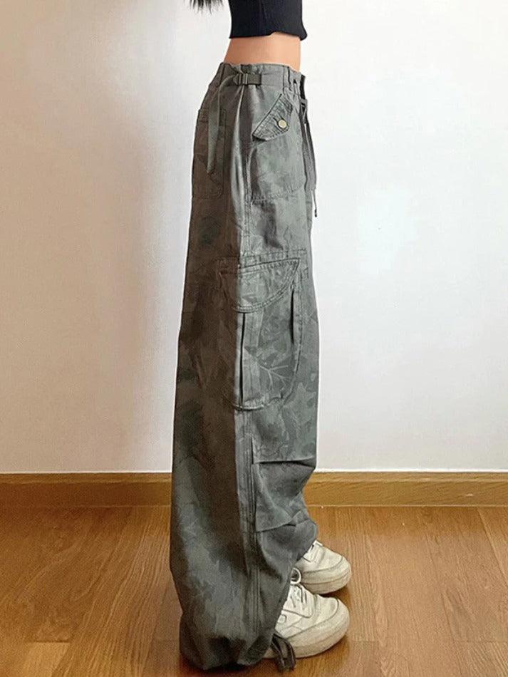 Drune | Camo Print Raffung Multitaschen Bundfuß Cargo Jeans