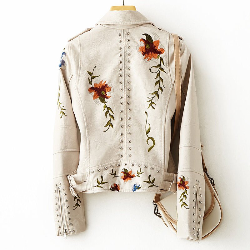 Drune | Damen-Lederjacke mit Nieten-Akzent und Blumenmuster