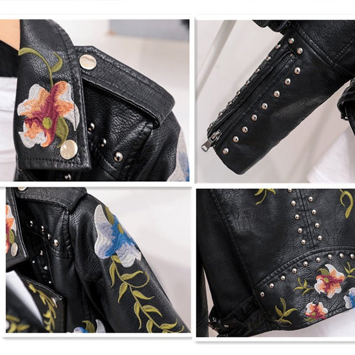 Drune | Damen-Lederjacke mit Nieten-Akzent und Blumenmuster