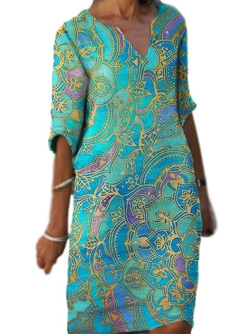 Drune | Lässiges Farbenfrohes Paisley Inspiriertes Kleid mit Dreiviertelärmeln und V-Ausschnitt