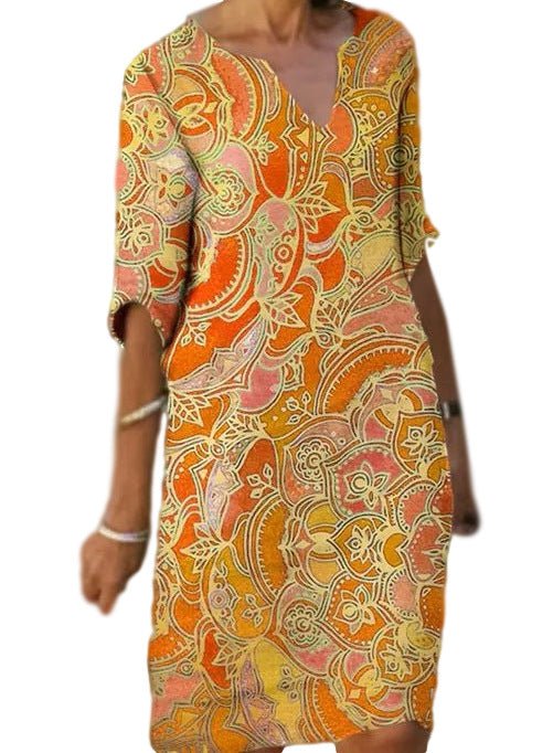 Drune | Lässiges Farbenfrohes Paisley-Inspiriertes Kleid mit Dreiviertelärmeln und V-Ausschnitt