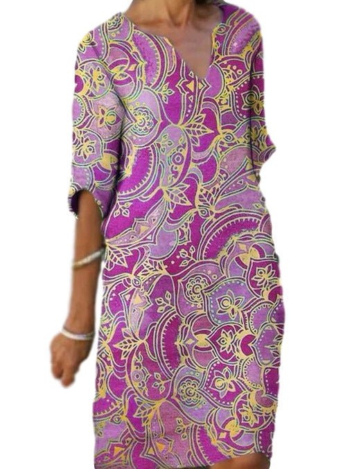 Drune | Lässiges Farbenfrohes Paisley Inspiriertes Kleid mit Dreiviertelärmeln und V-Ausschnitt