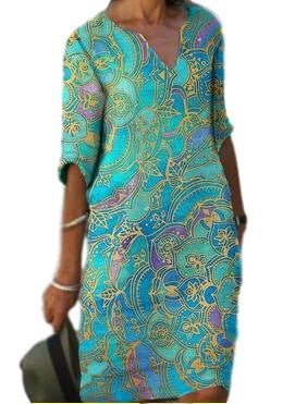 Drune | Lässiges Farbenfrohes Paisley-Inspiriertes Kleid mit Dreiviertelärmeln und V-Ausschnitt