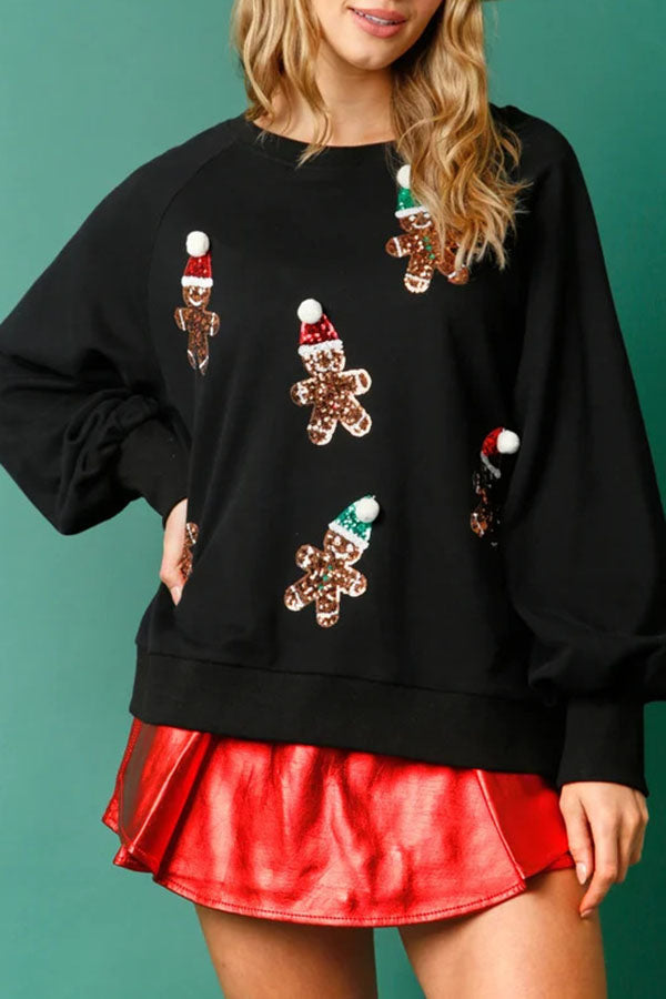 Drune | Weihnachts Lebkuchenmann Pailletten Langarm Sweatshirt