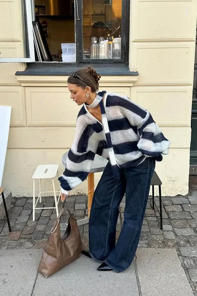 Drune | gestreifter V-Ausschnitt Strickcardigan