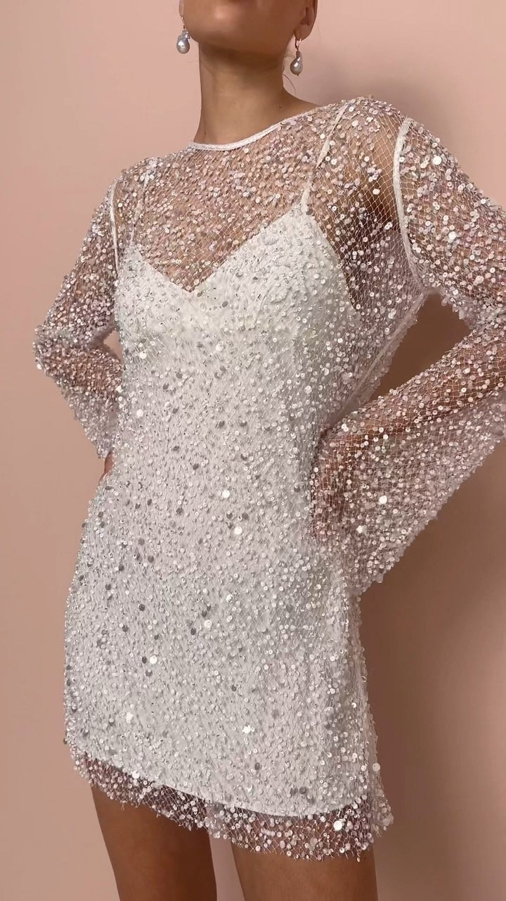 Drune | Perlen See-through Mesh Zweiteiliges Set Sling Kleid