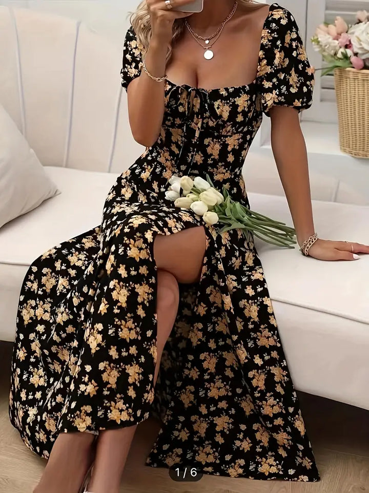 Drune | Schickes Kleid mit Puffärmeln Im A-Linien-Stil mit Blumendruck
