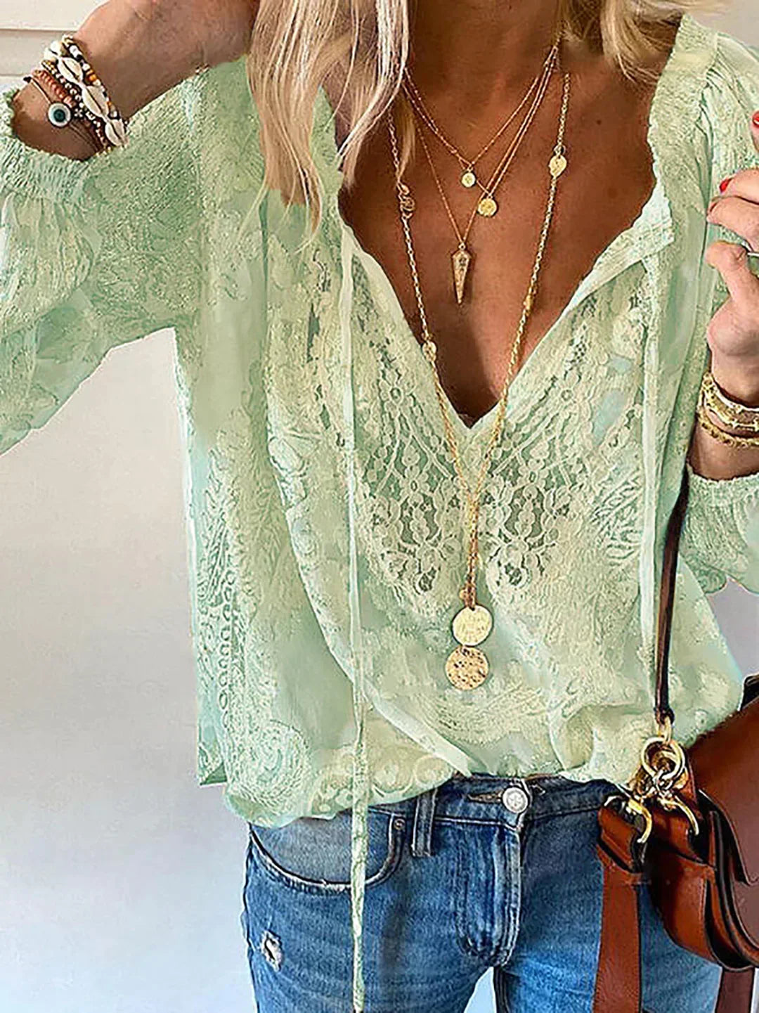 Drune | V-Ausschnitt Spitzen Chiffon Bluse