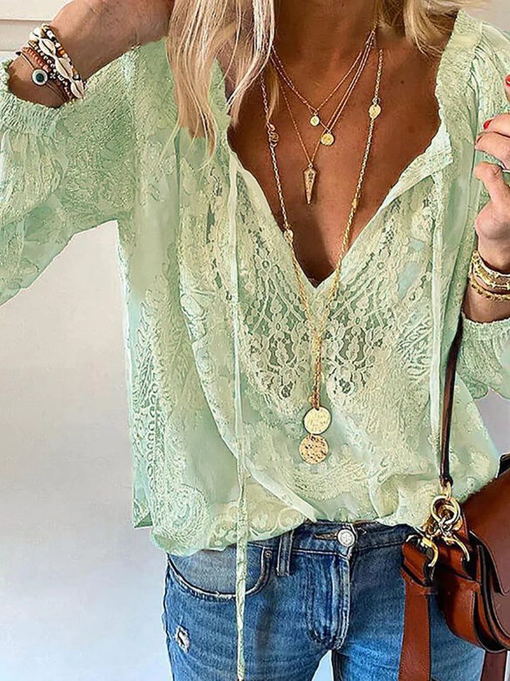 Drune | V-Ausschnitt Spitzen Chiffon Bluse