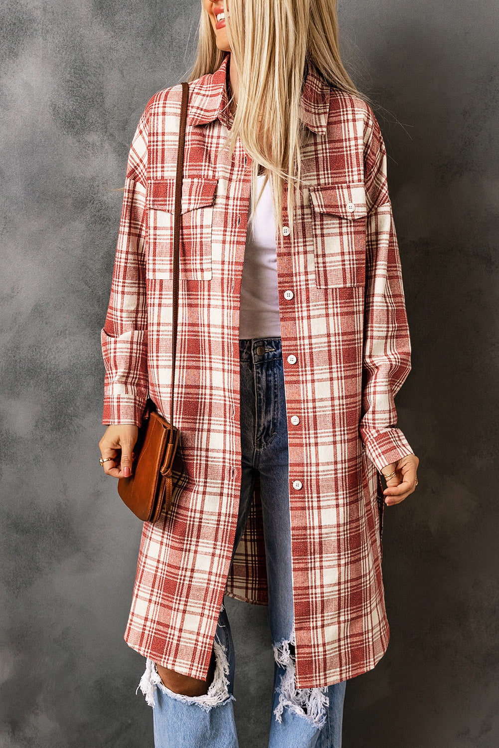 Drune | Karierter Button-Up Longline Shacket mit Brusttaschen