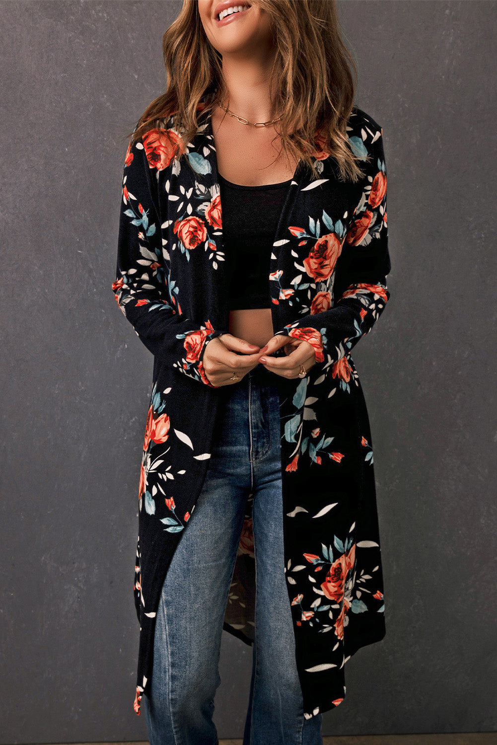 Drune | Bedruckter Offene Front Langarm Cardigan