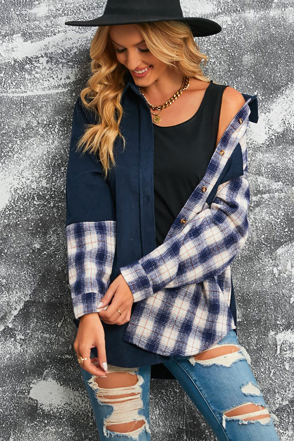 Drune | Karierte Farbblock Gefallen Schulter Corduroy Shacket