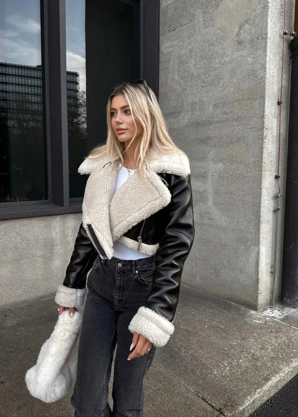 Drune | Sherpa Trim Lederjacke - Kurzer Reißverschlussstil