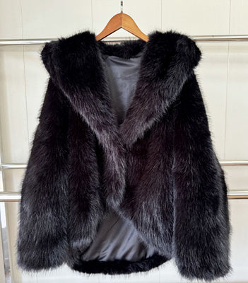 Damen oversized Kunstpelz-Jacke mit Kapuze und weiten Ärmeln Drune
